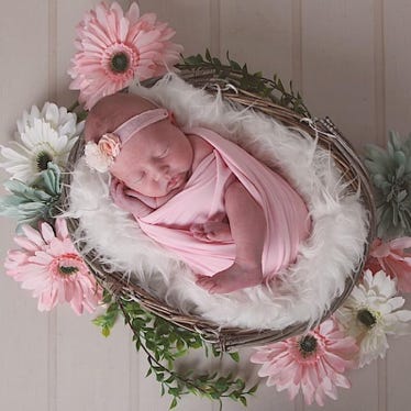 New born baby giorl wrapped with blanket surrounded by flowers by Jayne poole, based near South Moton Devon your first choise in newborn babby photography based in Great Torrington, near Bideford, North, Barnstaple, and Holsworthy
